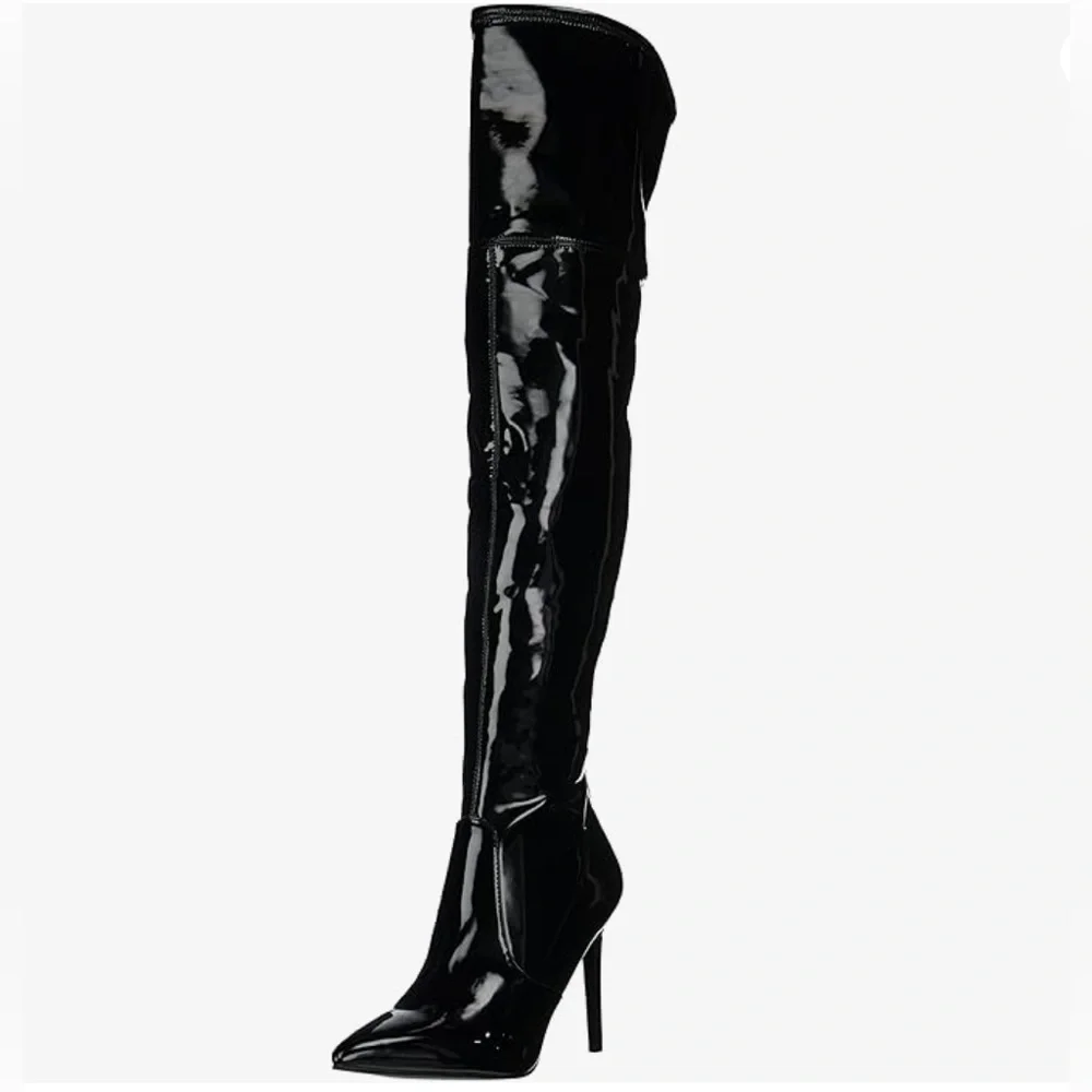 NWOB Guess Bowey Black Patent Stretch Over the Knee Stiletto Boots